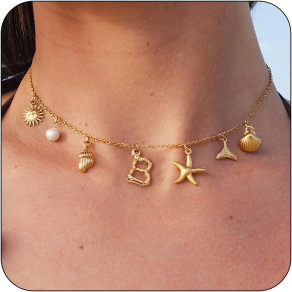 DESIGNICE Silver Initial Charm Necklaces for Women, Trendy Shell Starfish Seashell Letter Choker, Alphabet Personalized Pendant, Summer Beach Surfer Jewelry Gift Boho