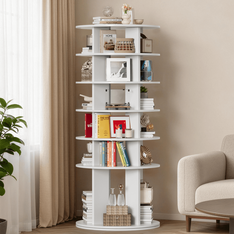 Vineego 6-Tier 360° Rotating Shoe Rack, Round Spinning Storage Organizer for Shoes, Boots & Accessories, Freestanding Tall Display Shelf for Entryway, Closet & Bedroom, White Finish