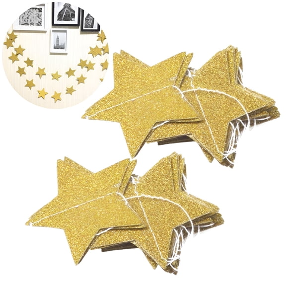 CCOCC Golden Glitter Star Paper Garland, 2Pcs 2M Hanging Star Banners for Party Decor, Lightweight Reusable Pentagram Flag for Birthday Wedding Festival, Table Wall Ceiling Ornament
