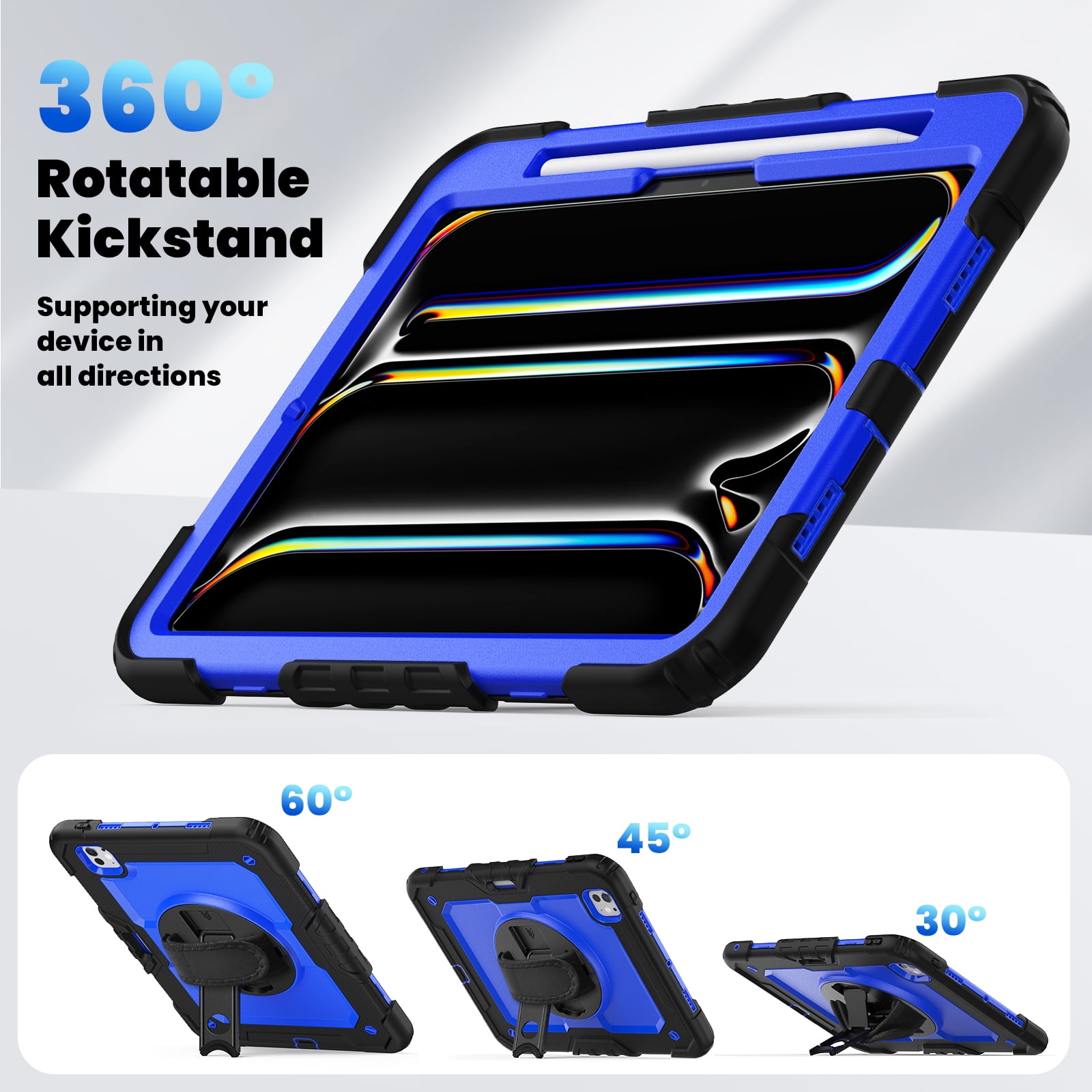 Rugged Shockproof Case for Apple iPad Air 11 Inch M4 M3 M2 2026/2025/2024, [Build in Screen Protector] Drop Proof Hand Strap Kickstand [Shoulder Strap] Pencil Holder Kids Friendly Case Cover