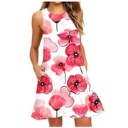 Sundresses for Women 2024 Summer Dresses Beach Floral Tshirt Sundress Sleeveless Pockets Casual Loose Swing Tank Dress Warehouse Clearance 50% off Deals #3