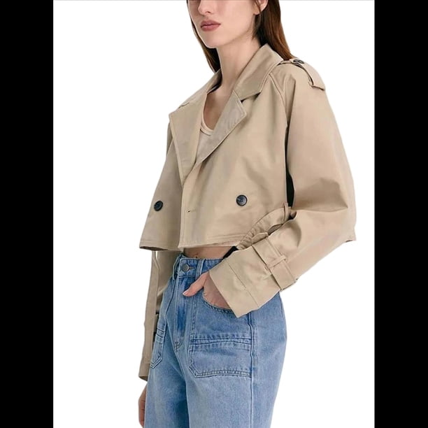 Chaqueta Corta de Ciclismo para Mujer, Gabardina Informal Cruzada con Cinturón Caqui M