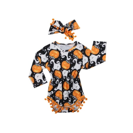 

0-24M Autumn Baby Girls Boys Cute Halloween Romper Pumpkin Printing Long Sleeve Elastic Waist Tassel Jumpsuit Hairband 2pcs