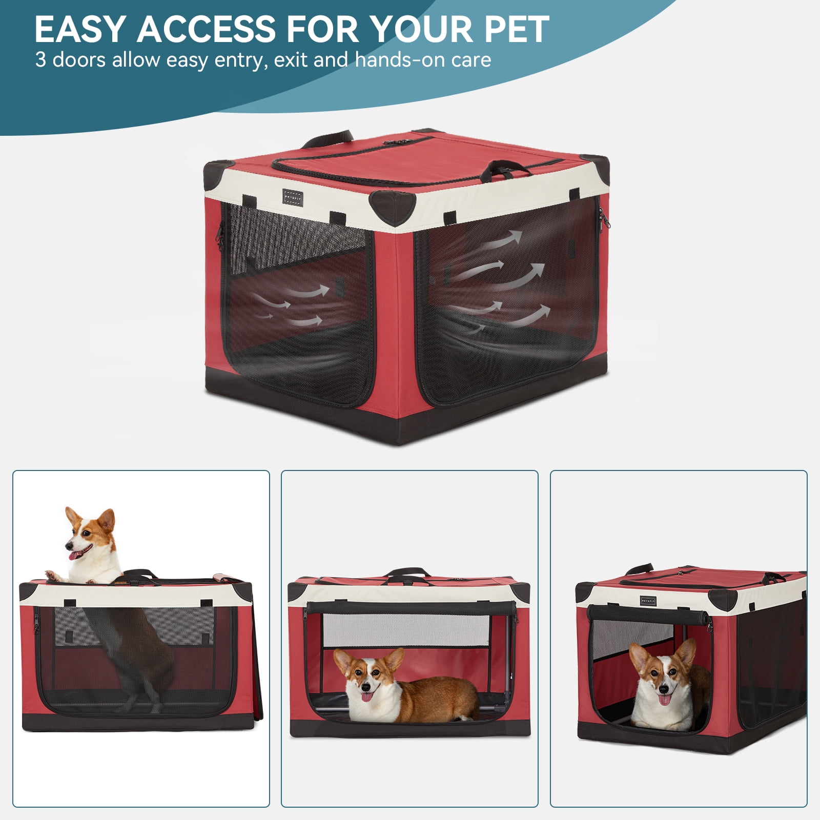 PETSFIT 30inch Soft Sided Dog Crate, Dog Travel Crate-Lightweight, Easy Setup, Sturdy Portable Dog Crate, Adjustable Framework with 3 Mesh Door, Portable Collapsible Dog Kennel, Red