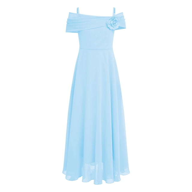 TiaoBug Robe de Demoiselle d'Honneur à Épaules Dénudées pour Fille, Robe de Demoiselle d'Honneur Junior en Mousseline, Robe Maxi de Fête, Bleu Pâle 14