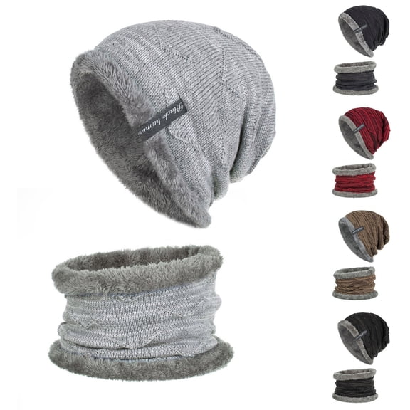 QLEICOM Hats for Men,Mens Hats,Men Winter Set with Fleece Lined Beanie and Matching Neck Gaiter for Full Coverage Warmth Skull Cap Features Modern Slanted Print Wine