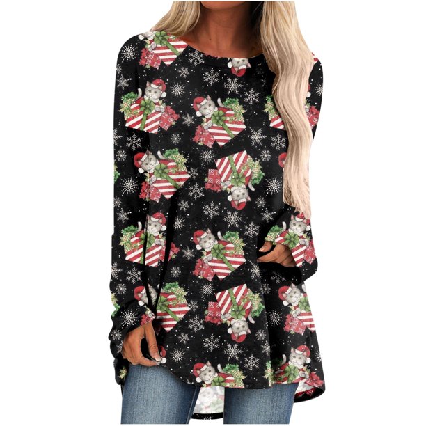 Blusas Navideñas Para Mujer Blusas de Manga Larga Cuello Redondo Camisa de Jersey Odeerbi ODB184242