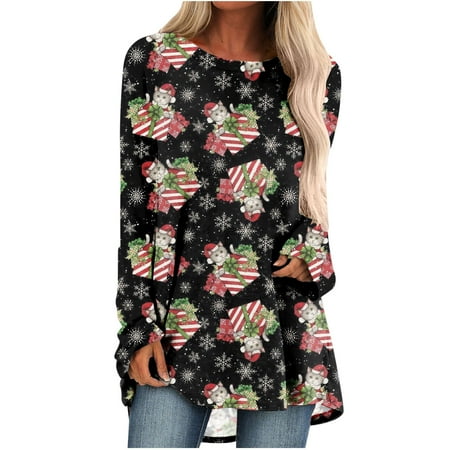 

Ziloco Womens Long Sleeve Christmas Print Round Neck Pullover Shirt T-Shirt Tops renaissance corsets for women Black L