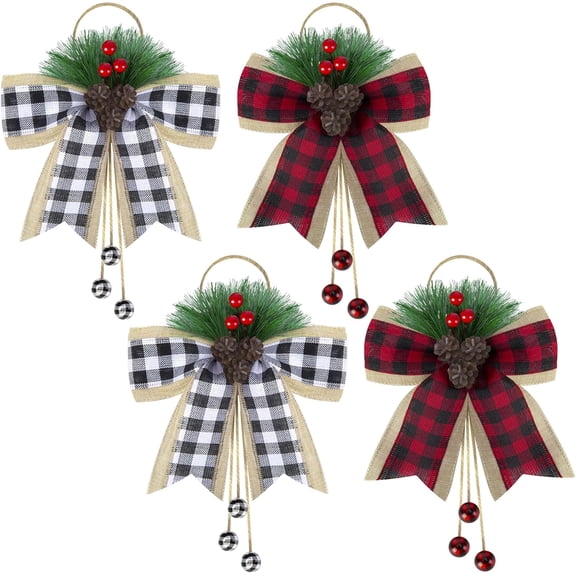 4/6 Pcs Christmas Burlap Plaid Bows with Pine Cones Pine Needles, Large Christmas Decoration Buffalo Plaid Bows, Xmas Wreath Bow Buffalo Check Bow Ornament for Holiday Crafts Tree DIY Decor