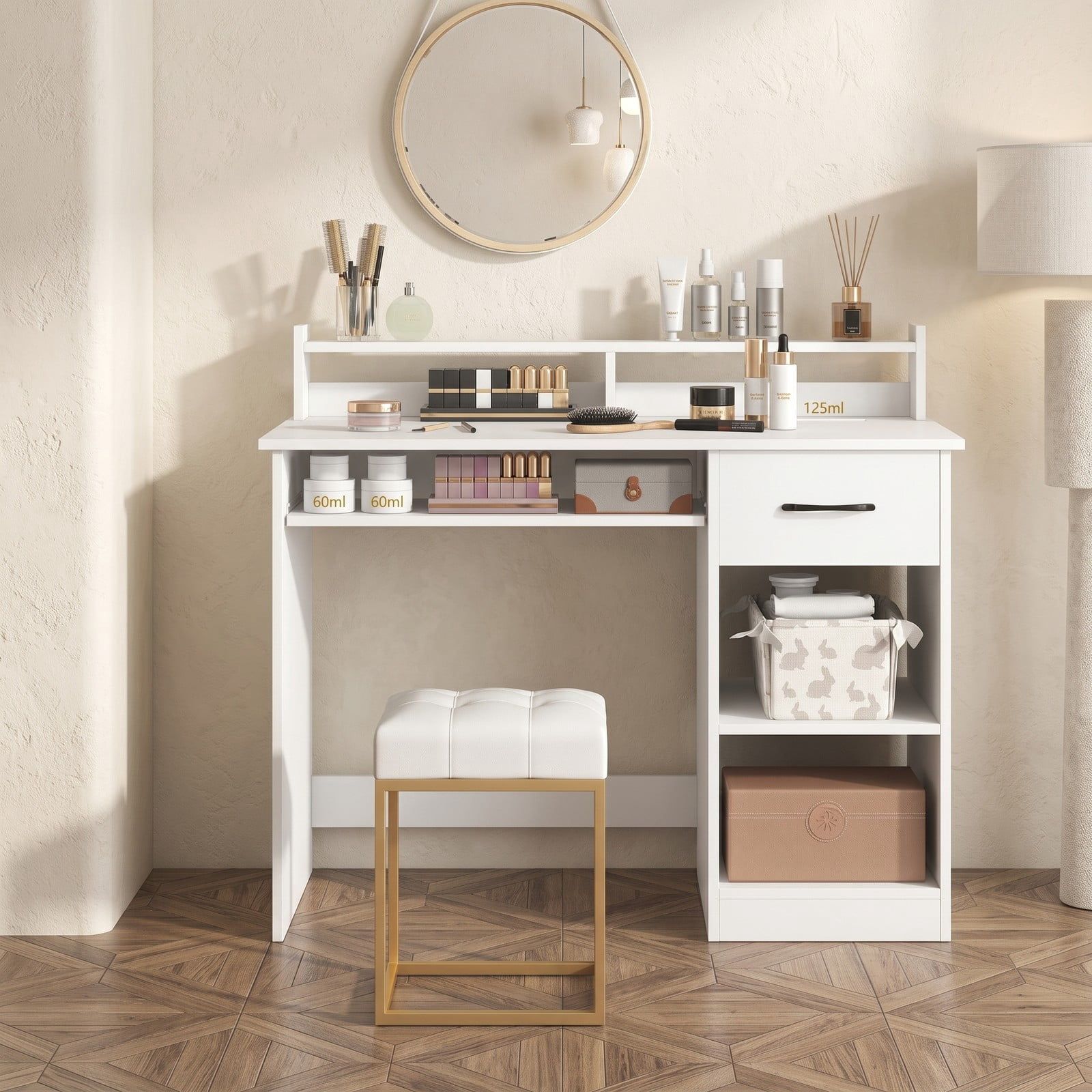 Furnibear White Desk Computer Desk Home Office Desk with Charging Station Adjustable Shelf Keyboard Tray Drawer and Reinforced Frame, White