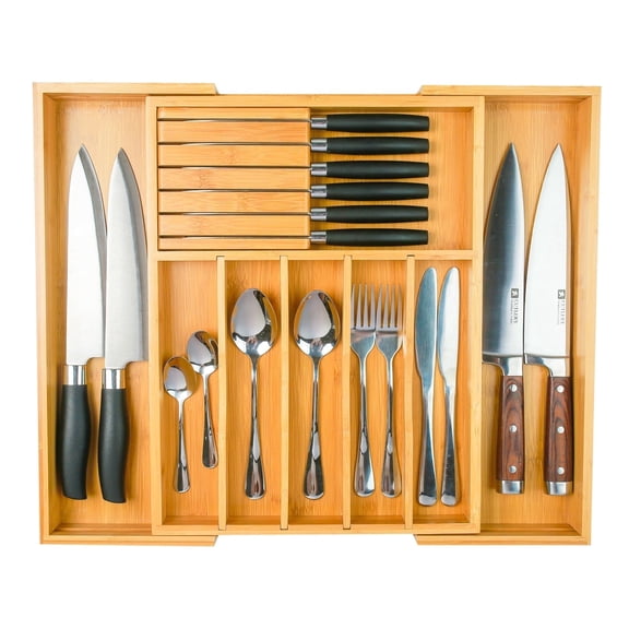 Bamboo Expandable Silverware Drawer Organizer,Adjustable Kitchen Utensil Organizer with Removable Dividers and Knife Block for Flatware, Cutlery , Knives