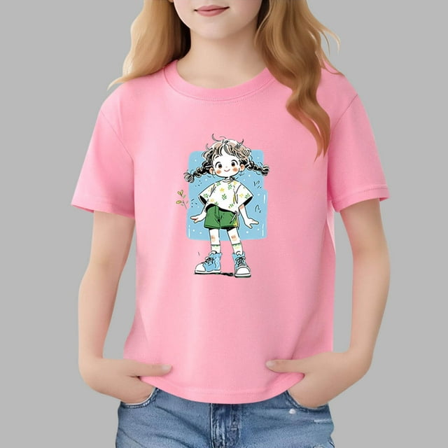 Blusas y camisas de manga corta con cuello redondo para niños Camiseta de verano de manga corta estampada para niñas Jersey elegante de cuello redondo para niñas Top de algodón para niños