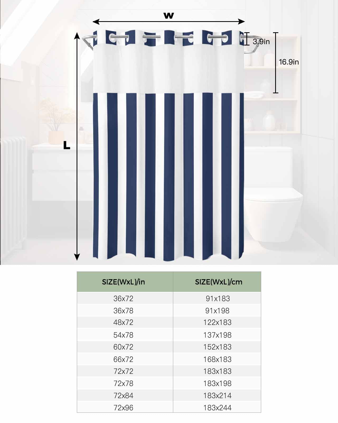 No Hook Shower Curtain with Snap in Liner, Navy Blue and White Striped Geometric Hotel Shower Curtains for Bathroom, Washable Shower Curtain Liner Set with Mesh Top Window, 72"x96"