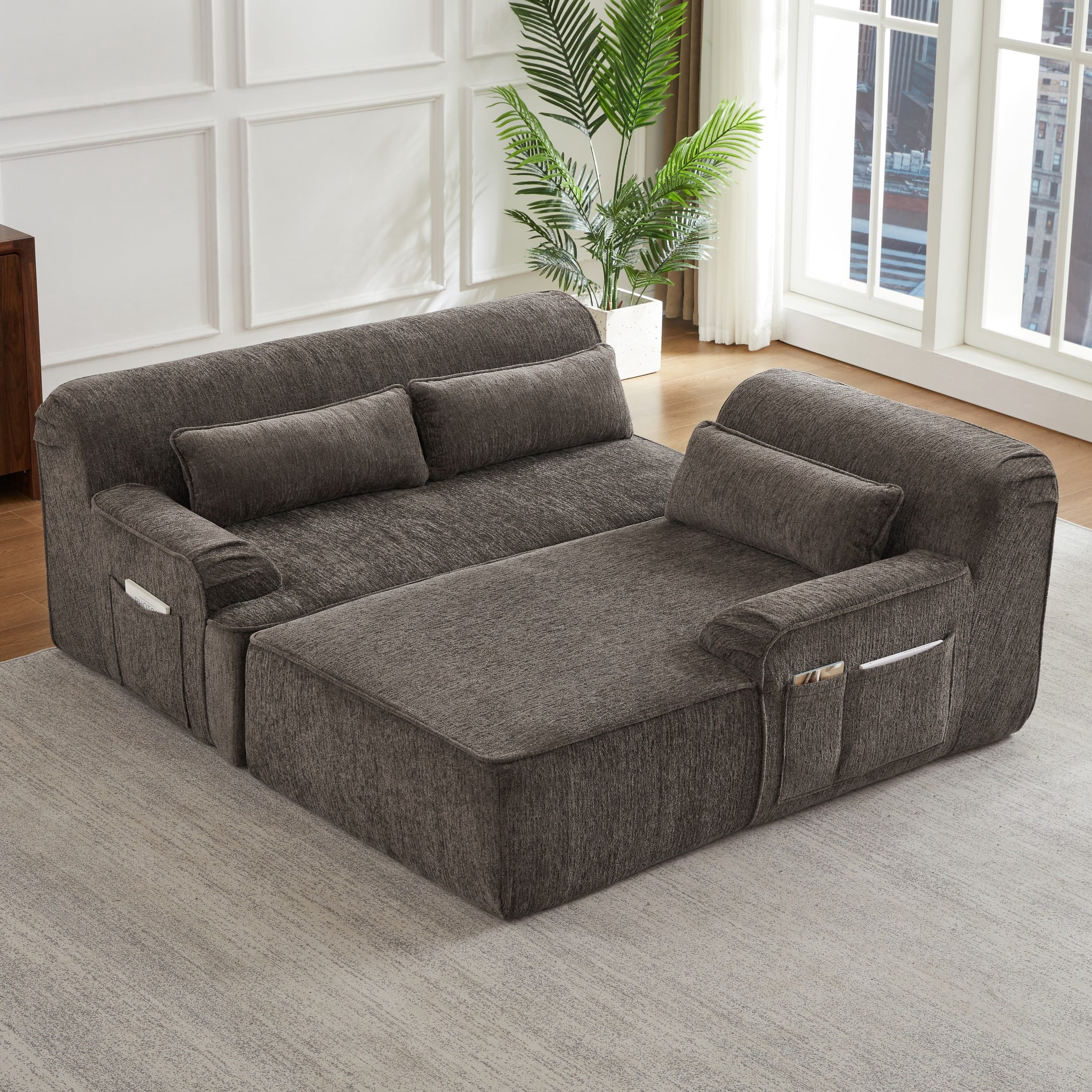 Aukfa 2-Piece Modular Chenille Sectional Sofa, 26.5" Deep Seat, No Assembly, Right Chaise, Brown