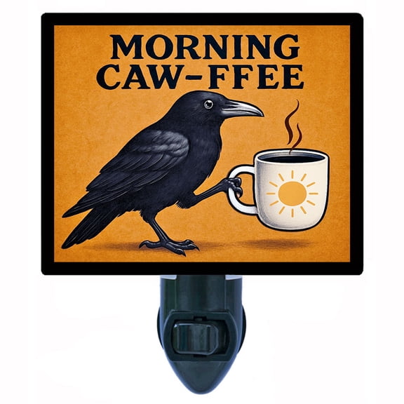 Morning Caw-Ffee Night Light – Crow with Coffee Mug Funny Kitchen Décor with Free Switchable Insert