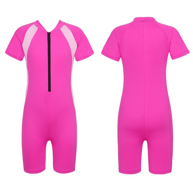 Aislor Kids Big Girls Zippered Swimsuit Swimwear Bathing Suit Rash Guard Shorty Sun Protection Wetsuit Rose Red 12