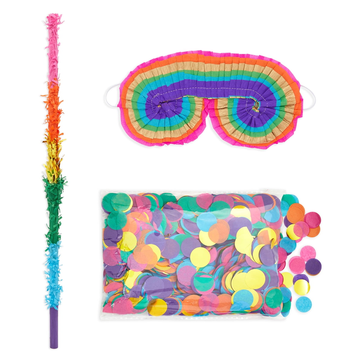 3 Pcs Rainbow Pinata Stick and Blindfold Set with Round Confetti Paper for Kids Birthday Party Decorations Supplies