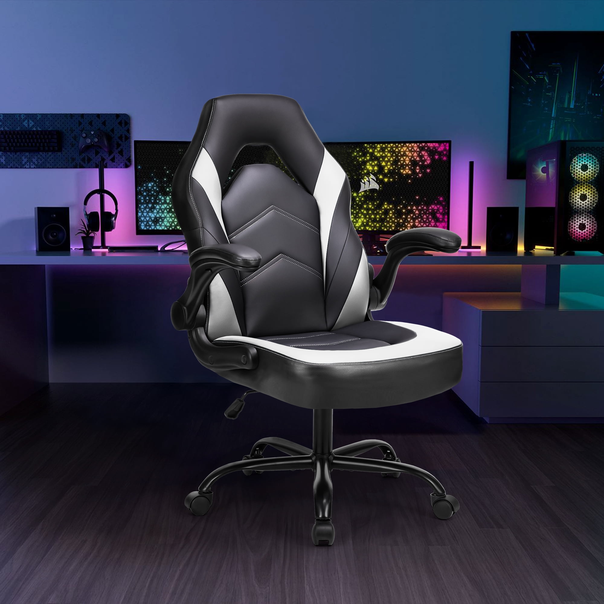 GIANNA Computer Gaming Desk Chair - Ergonomic Office Executive Adjustable Swivel Task PU Leather Racing Chair with Flip-up Armrest, Black White