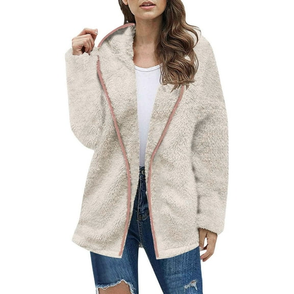 HOWPAY Winter Coats for Women Fuzzy Casual Lapel Jacket Zip up Chunky Outerwear with Pockets Comfy Overcoat Long Sleeve Solid Color Oversized Warm Soft Clothing Beige L