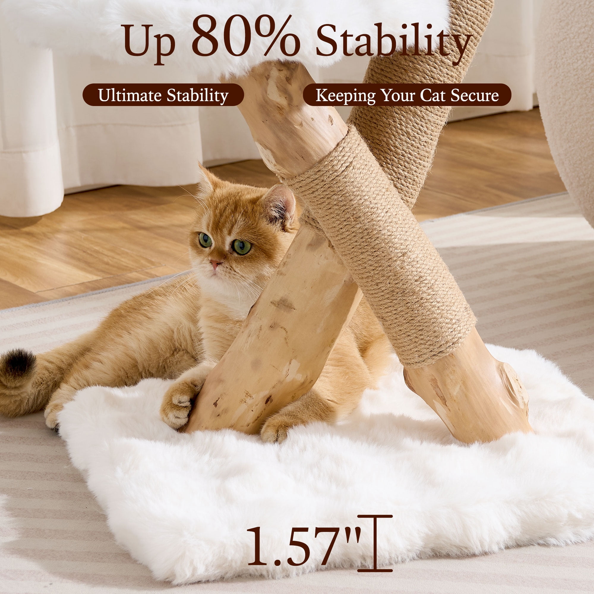 HITTITE Natural Solid Wood Cat Tree Tower with Scratching Post, 32 Inches Tall Modern Cat Tower with Cozy Bed and Platforms, Luxury Real Branch Cat Tree for Indoor Cats Large Adult, White.