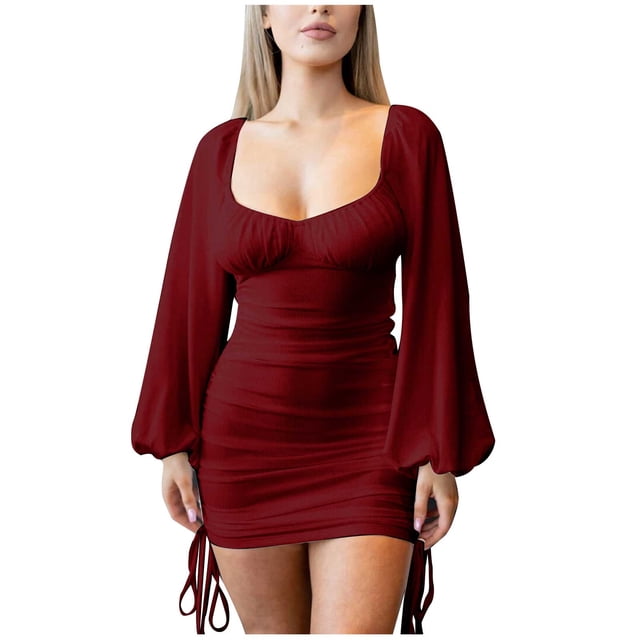 Gspmoly Robe d'Été, Mode Femmes Robe Unie Décontractée à Manches Longues Col à Lien Mi-Cuisse Robes de Soirée pour Femmes Offres Prime