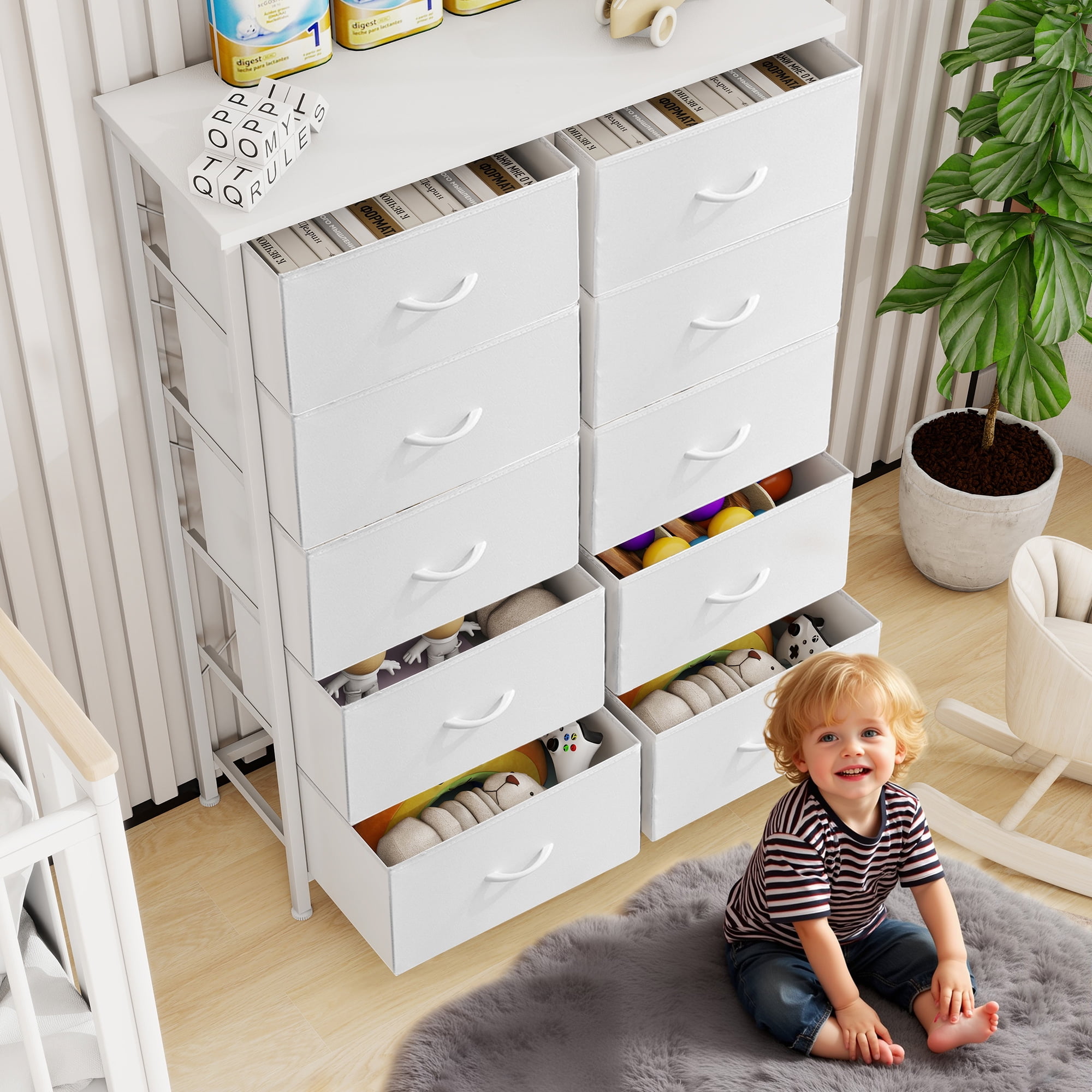 Nextay 10-Drawer Fabric Dresser for Bedroom, Storage Dresser Closet with Steel Frame & Wooden Top for Living Room, Dressing Room, Entryway, White