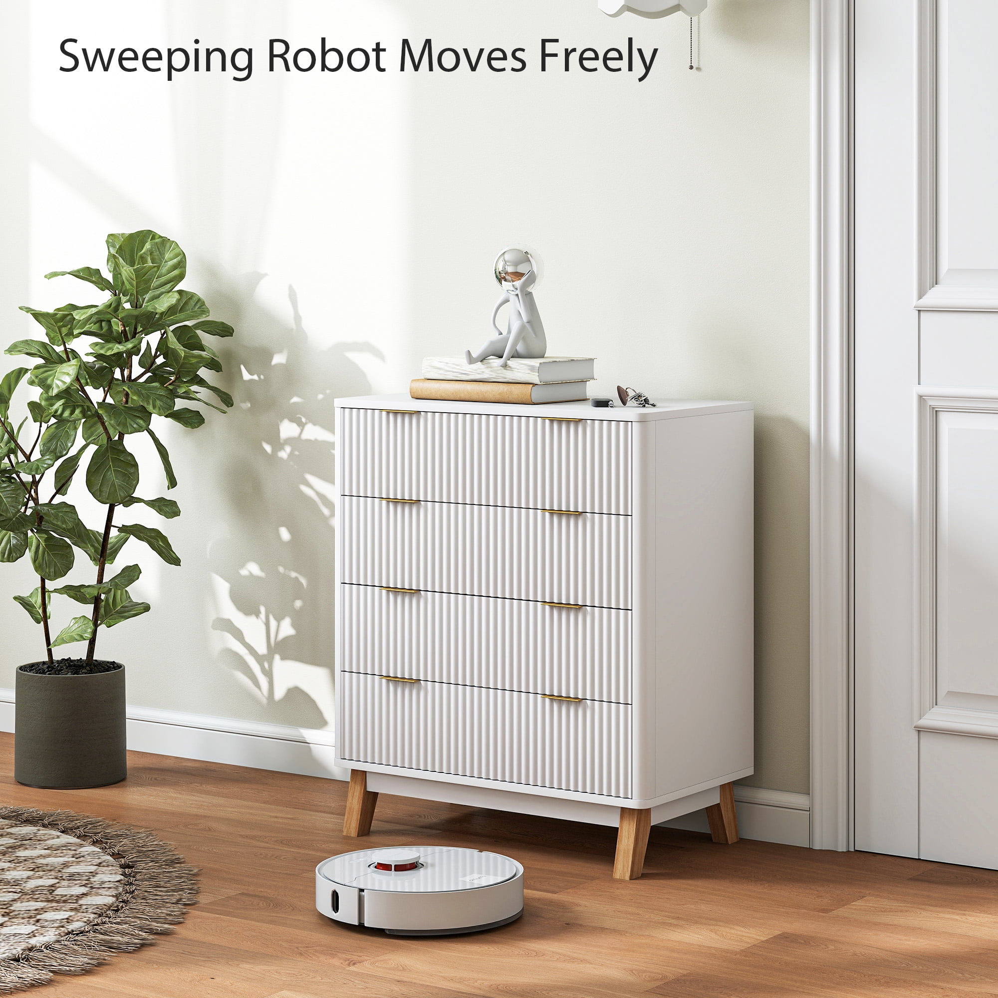 HOMCOM Fluted Dresser for Bedroom with 4 Drawers, Chest of Drawers with Gold Finger Pulls and 4 Wood Legs, White
