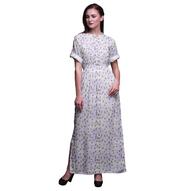Bimba Robe Maxi à Taille Smockée Imprimée en Rayonne à Fleurs et Feuilles avec Fente Latérale pour Femme - Grande