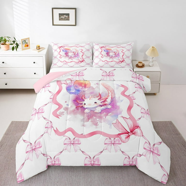 Axolotl Bed Sheets Set For Kids - Pink Coastal Animal Print Twin Size With Fitted & Flat Sheet