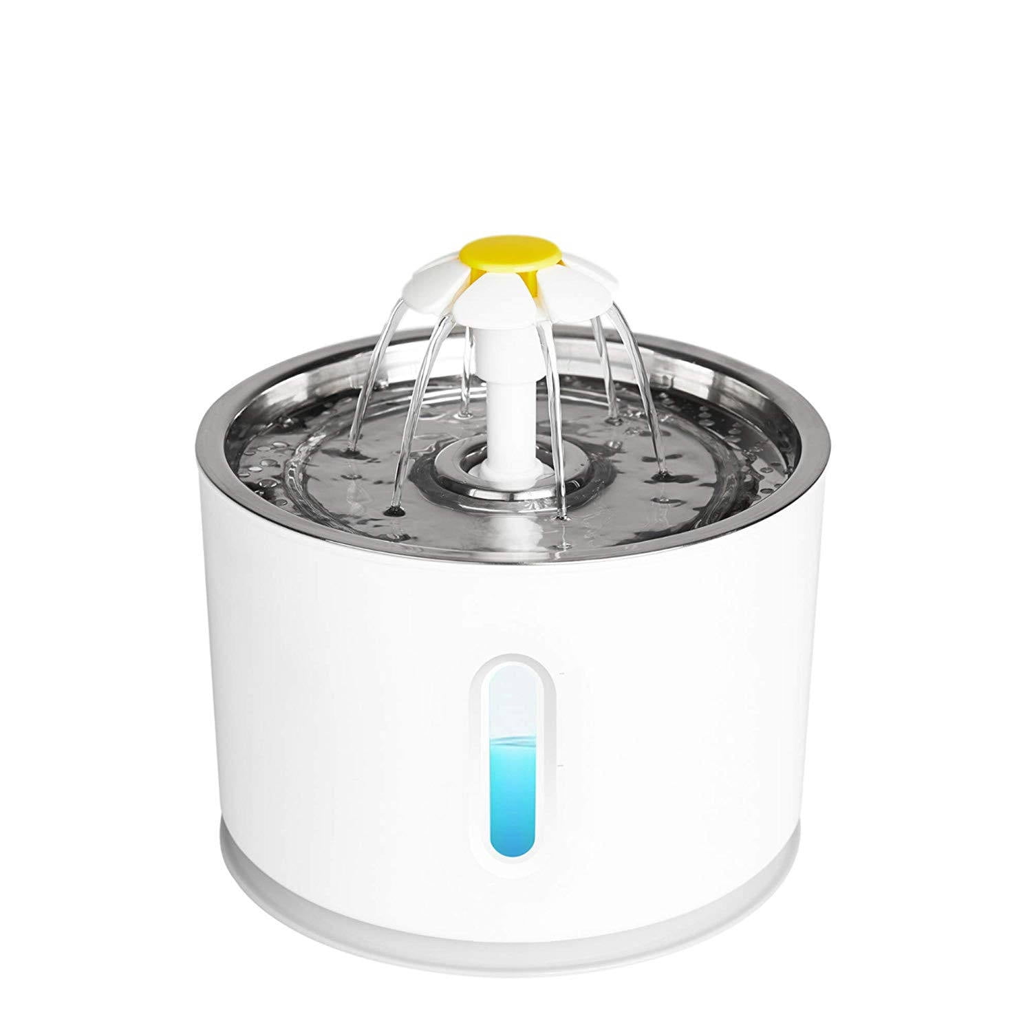 Pet Daily Kit Fountain, Automatic Pet Water Fountain, 2.4L Large Capacity Pet Fountain Stainless Steel Top LED Flower Drinking Dispenser Mute Water Feeder