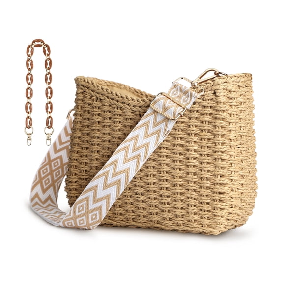 Gocvo Beach Straw Handbags for Women, Straw Purses and Handbags for Women Classic Summer Purses Womens Straw Bags with Chain (Brown)