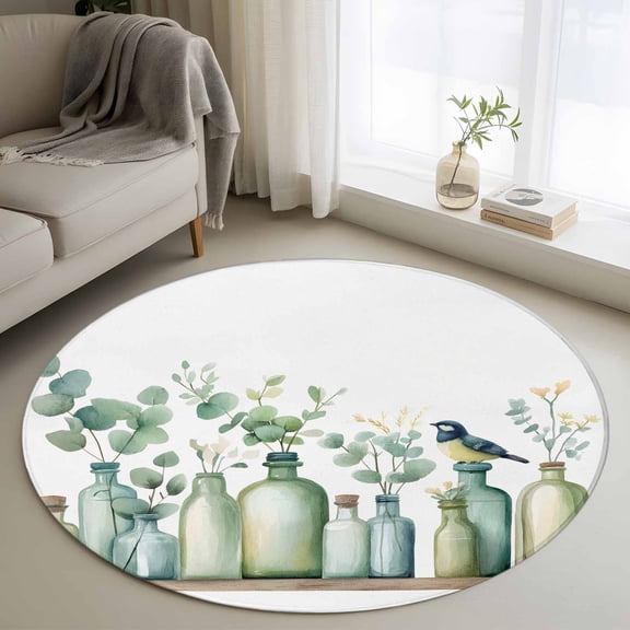 Teal Eucalyptus Leaves Round Area Rug 3.3 FT, Non Slip Small Entryway Kitchen Mat, Botanical Vase Birds Washable Soft Circular Rug Non-Shedding Door Mat for Bathroom Playroom Kids Room