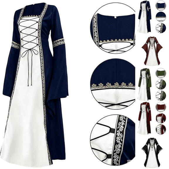 Womens Off Shoulder Renaissance Medieval Dress Flowy Bell Sleeve Lace Up Corset Maxi Gown for Halloween Renaissance Faire Blue 3XL