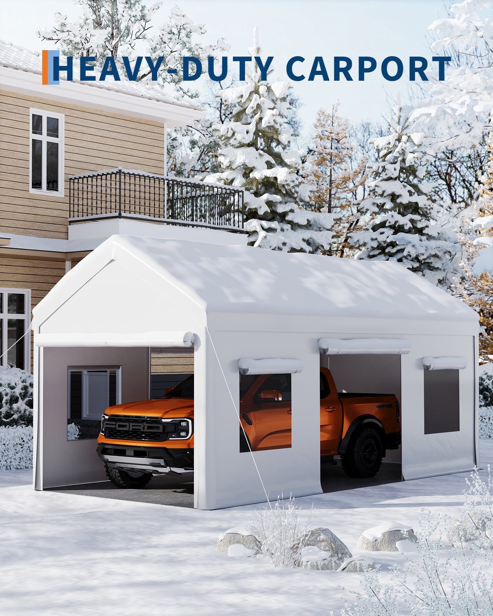Kicctian 10x20 FT Carport, Portable Outdoor Garage, Waterproof UV-Resistant PE Canopy, with Roll-Up Doors & 4 Mesh Windows, Ideal for Car, Truck, Boat, White