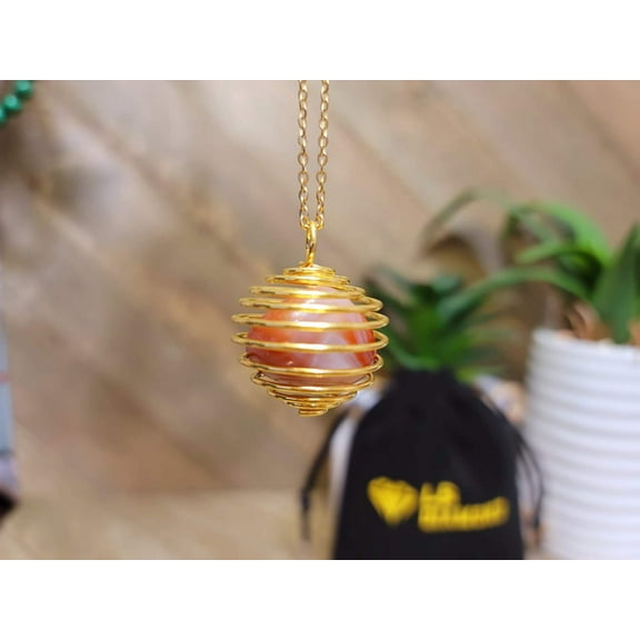 Crystal Necklace Gold Tone Carnelian Healing Crystal Cage Necklace