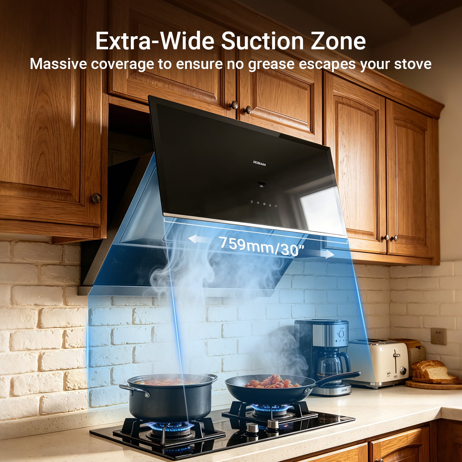 ROBAM 30" Range Hood, 1050 CFM Powerful Suction Kitchen Vent, Side-Draft Vent Hood, Gesture & Touch Control, Wall Mount or Under Cabinet Ducted Hood, Dishwasher Safe Baffle Filter, LED Lights