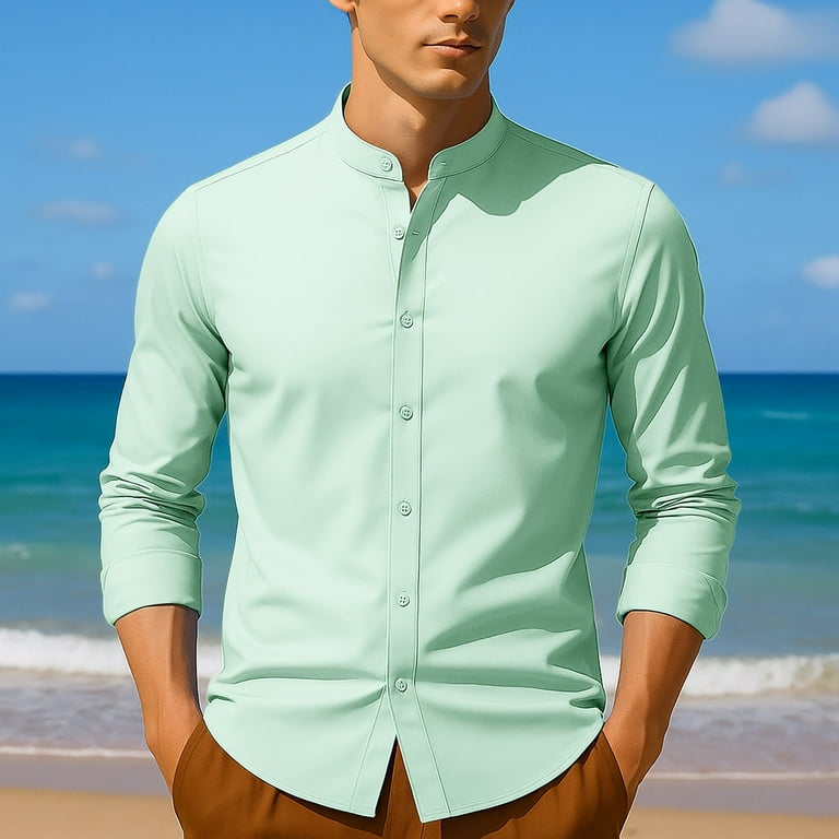 Mens Shirts Retro Stand Collar Long Sleeve Stretchy Business Tops Formal Solid Color Comfortable Dress Shirts for Men Mens Shirts Retro Stand Collar Long Sleeve Stretchy Business Tops Formal Solid Color Comfortable Dress Shirts for Men