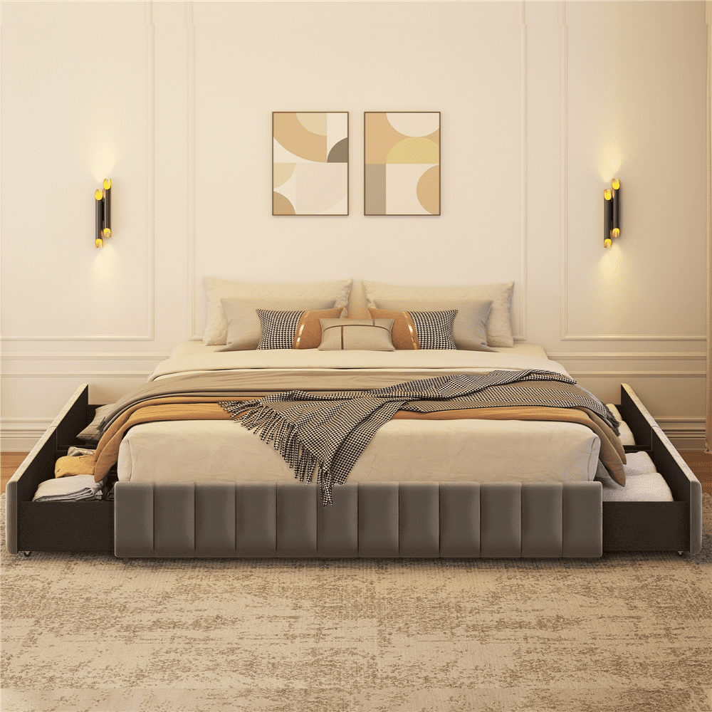 Renwick Upholstered King Size Bed Frame with 4 Storage Drawers, Dark Gray, Adult