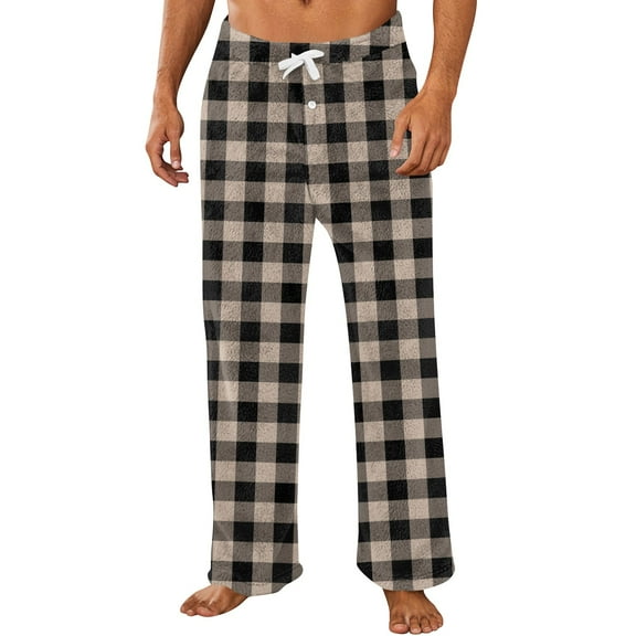Men's Pajama Pants Plaid Lounge Warm Sleepwear Pants Bottoms Drawstring and Pockets Light Brown L