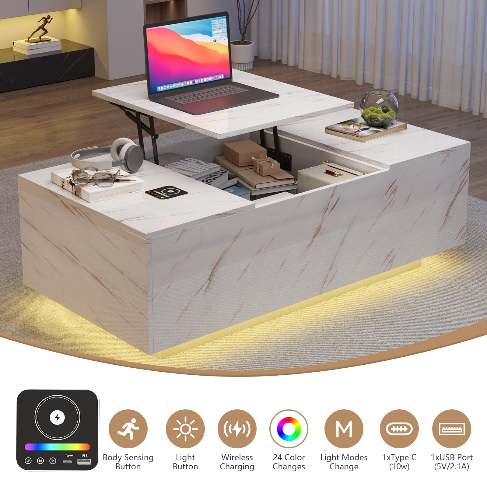 Hommoo Coffee Table with Storage and 24-Color LED Lights, Wooden Faux Marble Console Table, Wireless Charging and Bluetooth Speaker, Black