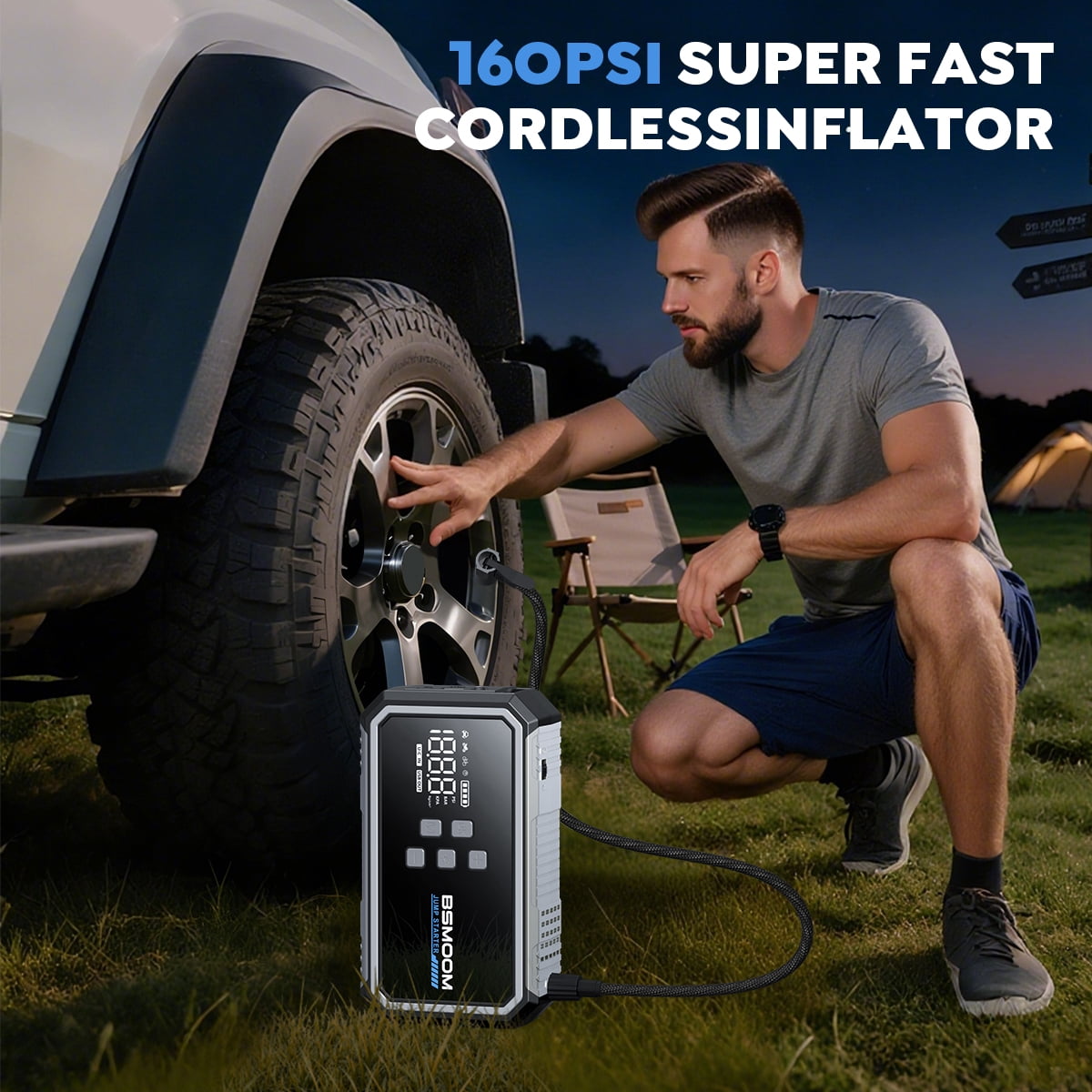 BSMOOM 7000A Jump Starter with Air Compressor, 21800mAh Car Battery Jump Starter (All Gas/10.0L Diesel) with 160PSI Tire Inflator, 12V Portable Jump Box with Booster, Jumper Cables