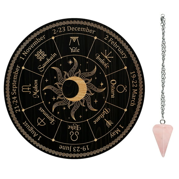 DIY 1Set Divination Sets including 1Pc PVC Plastic Pendulum Board 1Pc 304 Stainless Steel Cable Chain Necklaces 1Pc Natural Rose Quartz Stone Pendants Sun Pattern Board: 200x4mm DIY