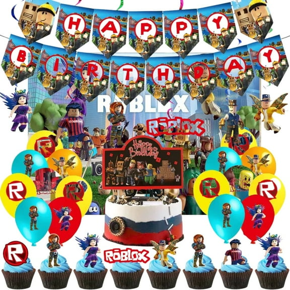 55 Pcs Roblox Birthday Decorations, Roblox Birthday Party Supplies with Cake Toppers, Balloons, Happy Birthday Banner, Backdrop, Large Cake Topper
