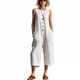 thumbnail image 2 of Long Sleeve Romper Women's Cropped Jumpsuit, Sleeveless Linen Round Neck Button Front Wide Leg Pants with Pockets, Summer Casual Daily Travel Wear White L, 2 of 6