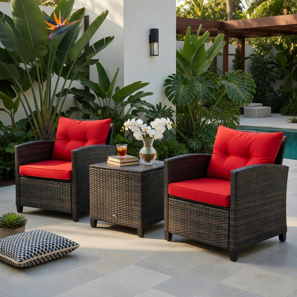 Hommoo 3-Piece Outdoor Rattan Patio Furniture Set with Cushions, Wicker Conversation Set Including 2 Armchairs & Coffee Table with Tempered Glass Top, Red