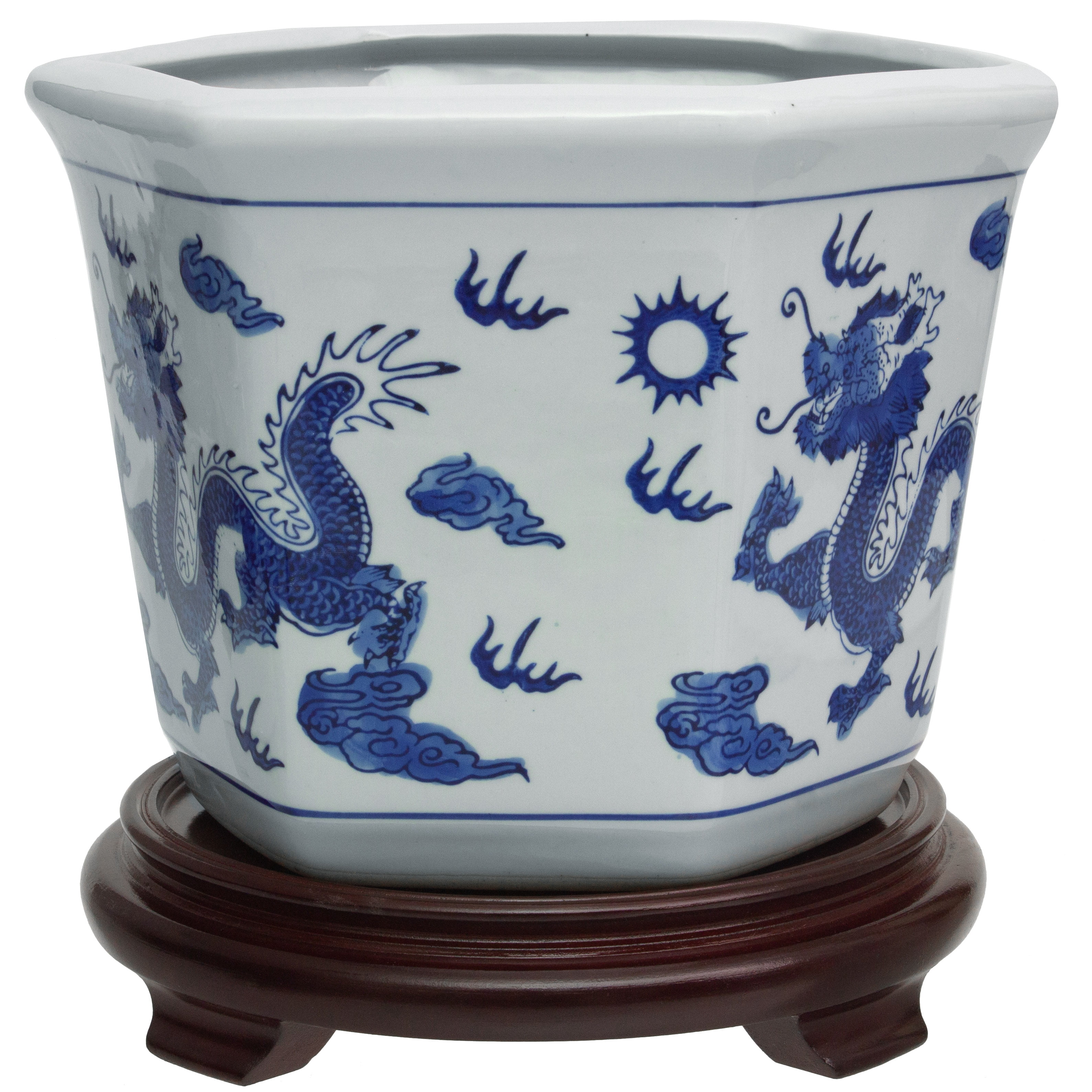 Oriental Furniture 10" Dragon Blue & White Porcelain Flower Pot