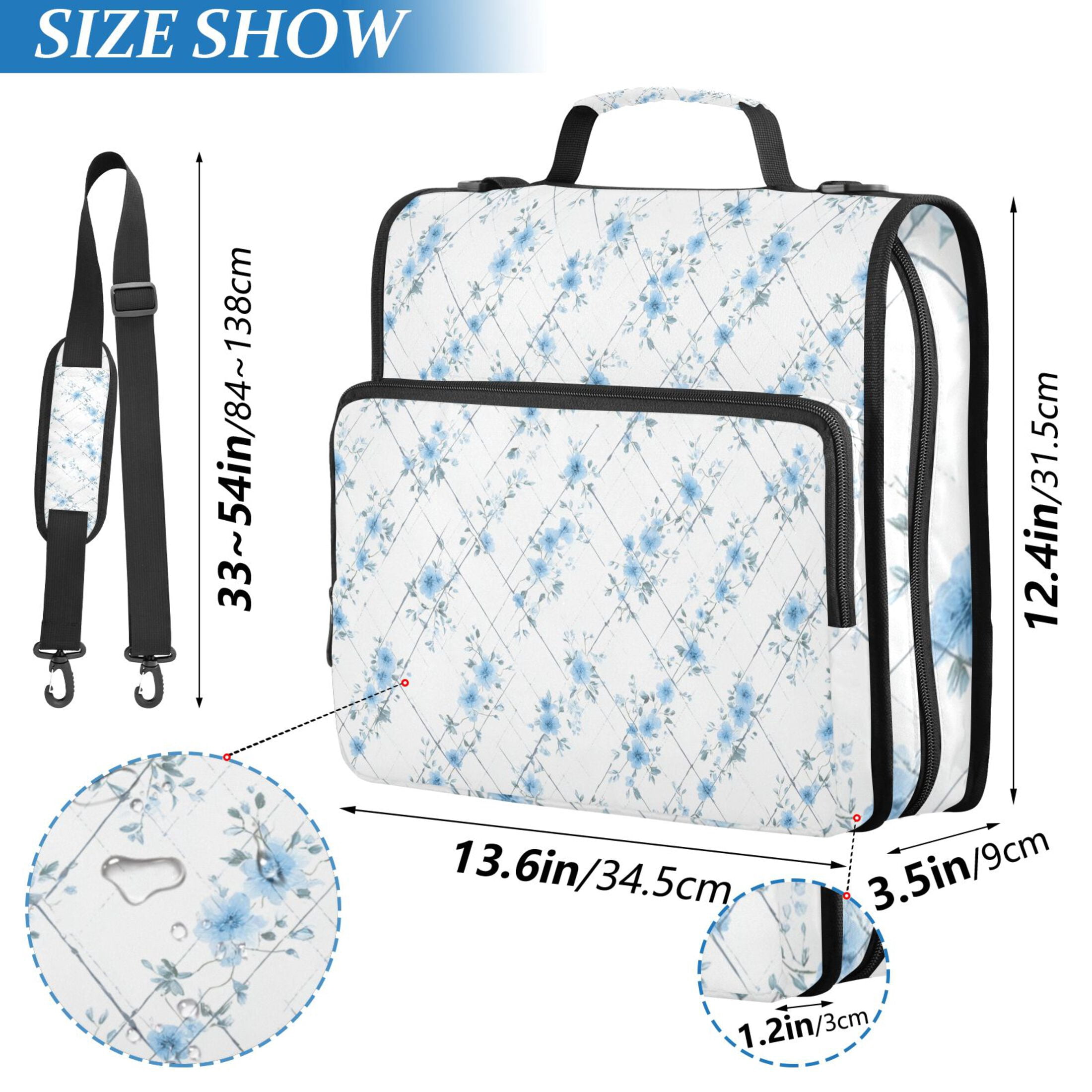 Zipper Binder Flowers Light Blue 1.5 Inch Binder Folder Bag with Shoulder Strap and Handle
