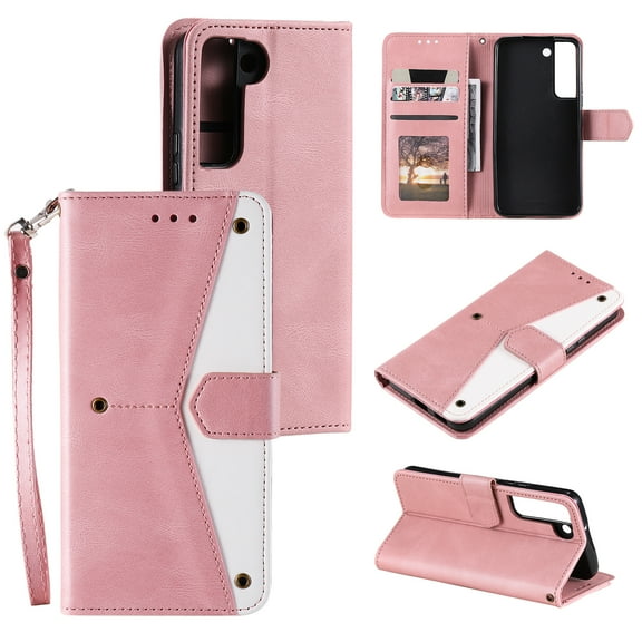 PU Leather Wallet Case for Samsung Galaxy S22 Plus, Detachable Wrist Hand Strap Magnetic Clasp Flip Folio Cover with Card Slots Cash Holder Kickstand Soft Silicone Shockproof Anti-Scratches Case,Pink