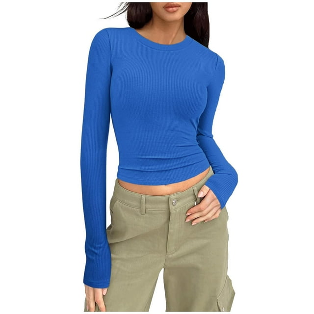 Dealovy Longues Chemises à Manches pour Femmes Col Rond Basique pour Sortir Ajusté Couleur Unie Crop Tops
