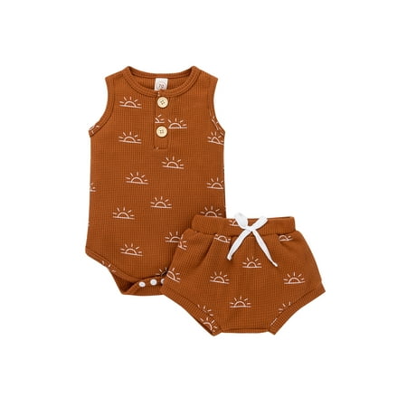 

Canis Baby Girl Boy Shorts Set Summer Cartoon Little Sun Print Sleeveless Tops Elastic Waist Shorts